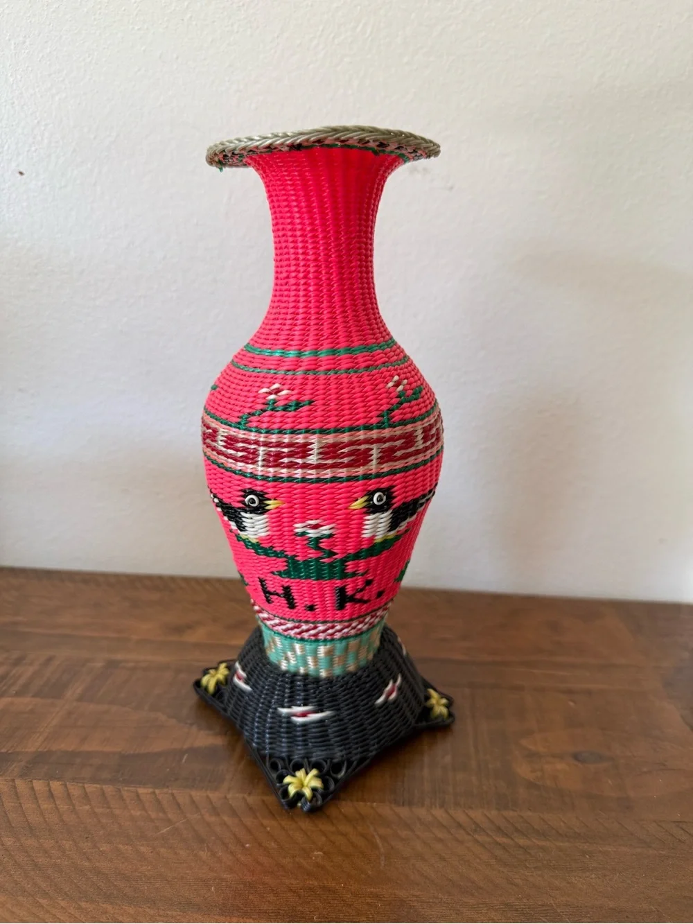 Vintage 1960s Chinese Scoubidou Woven Plastic Covered Glass Vase Bird 10” Kitsch